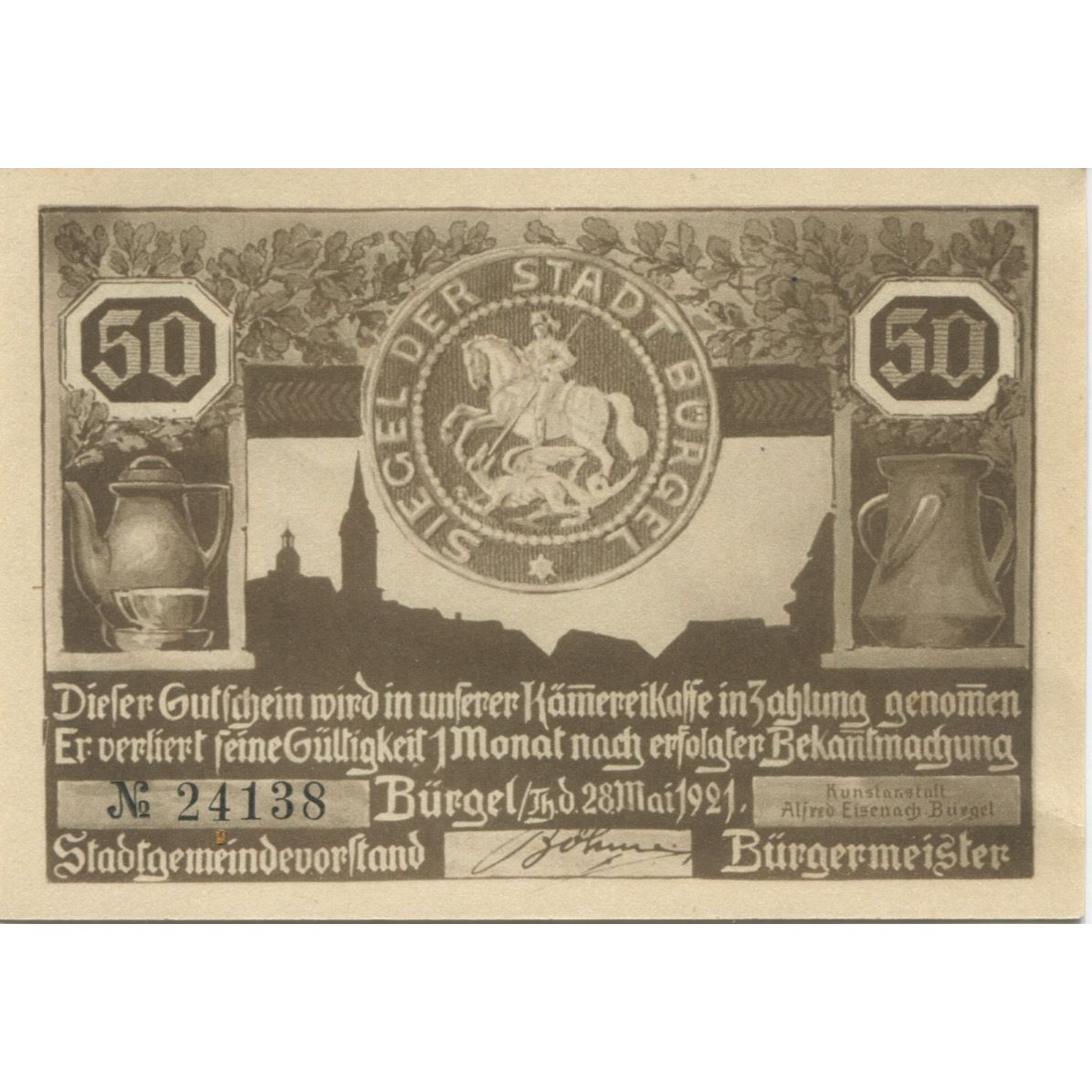 Geldschein, Deutschland, Burgel Stadt, 50 Pfennig, personnage 1, 1921