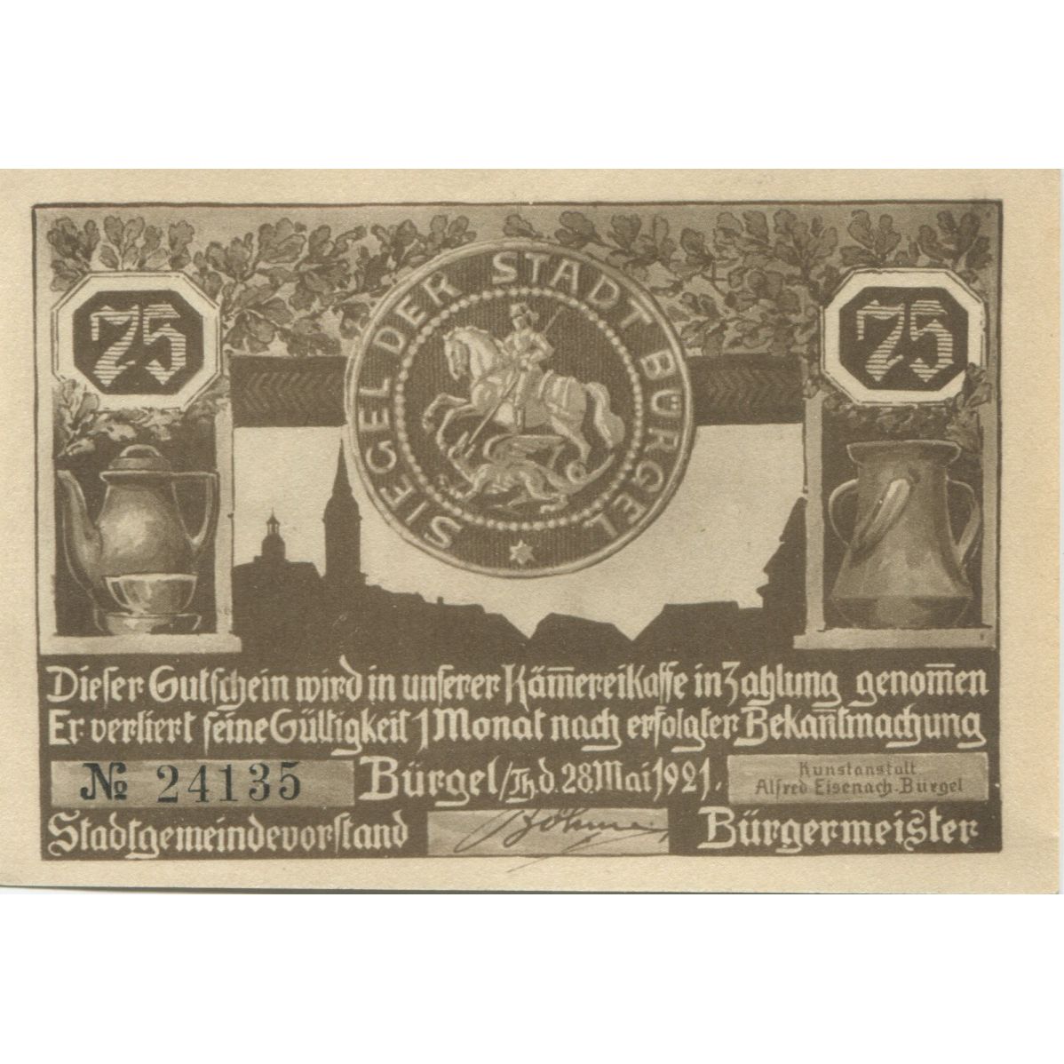 Banknote, Germany, Burgel Stadt, 75 Pfennig, personnage, 1921, 1921-05-28