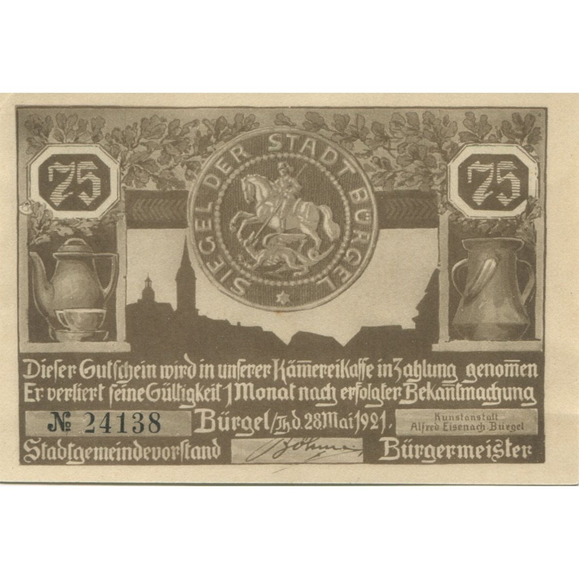 Geldschein, Deutschland, Burgel Stadt, 75 Pfennig, personnage 1, 1921