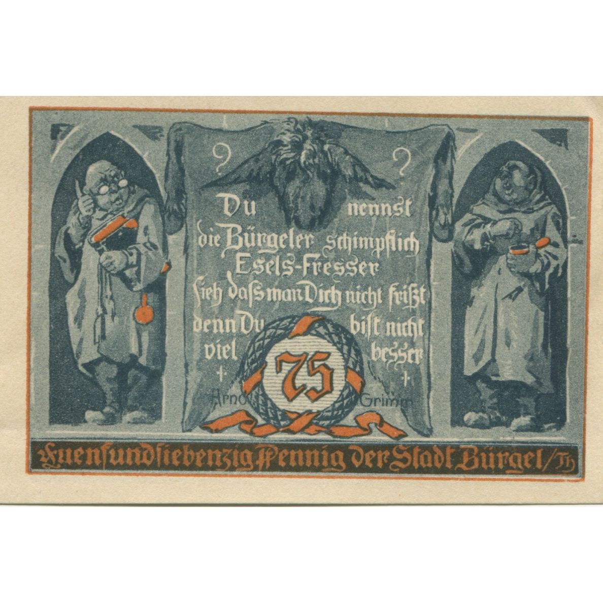 Geldschein, Deutschland, Burgel Stadt, 75 Pfennig, personnage 1, 1921