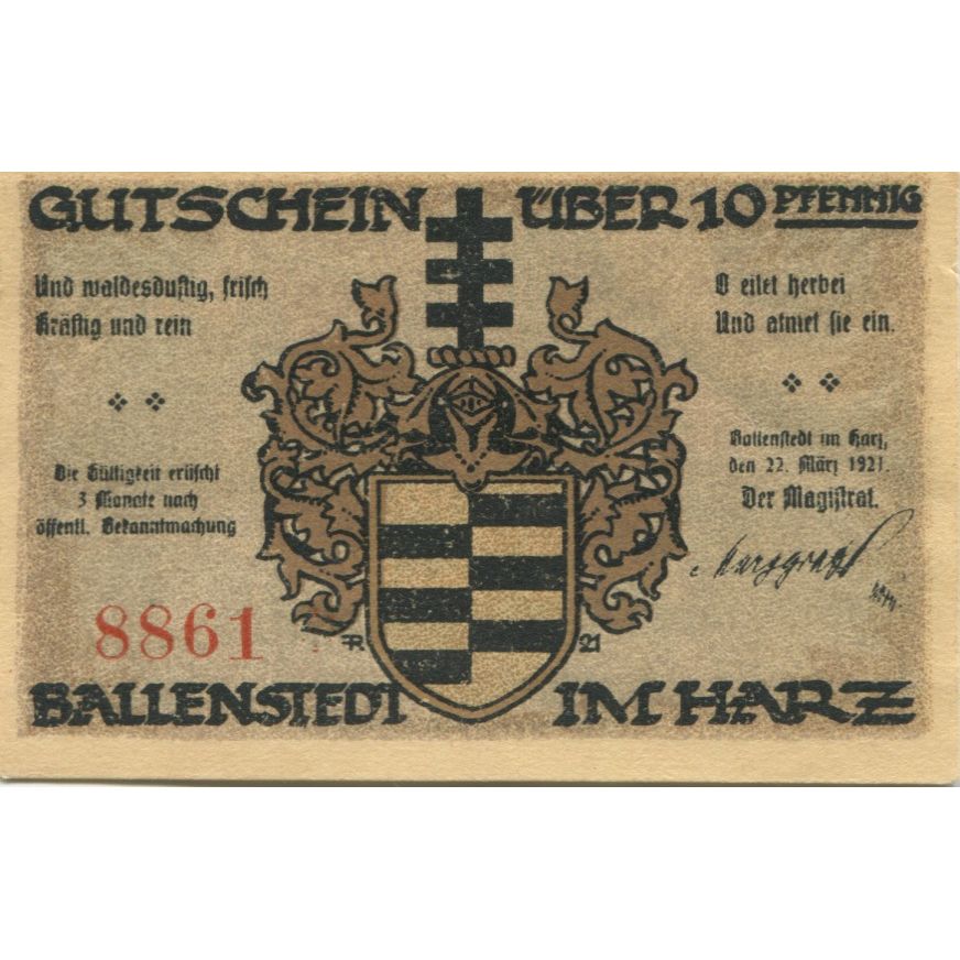 Banknote, Germany, Ballenstedt am Harz Stadt, 10 Pfennig, Maison, 1921