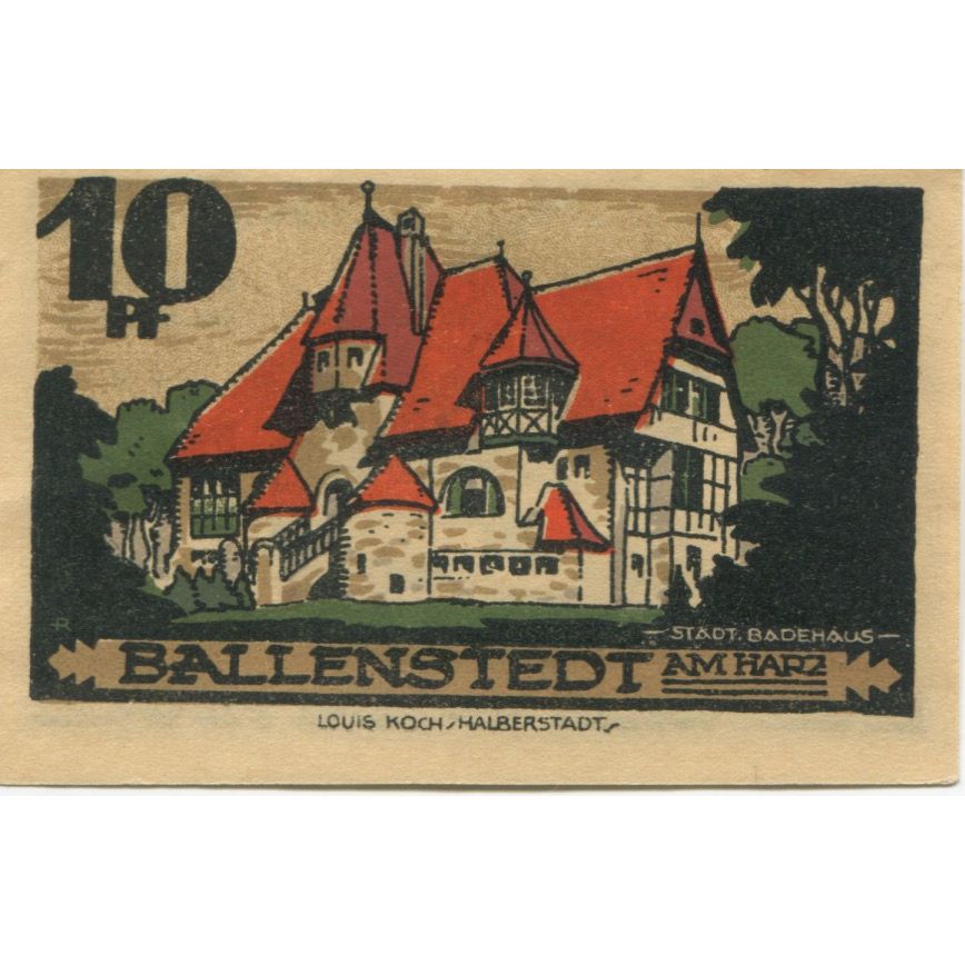 Banknote, Germany, Ballenstedt am Harz Stadt, 10 Pfennig, Maison, 1921