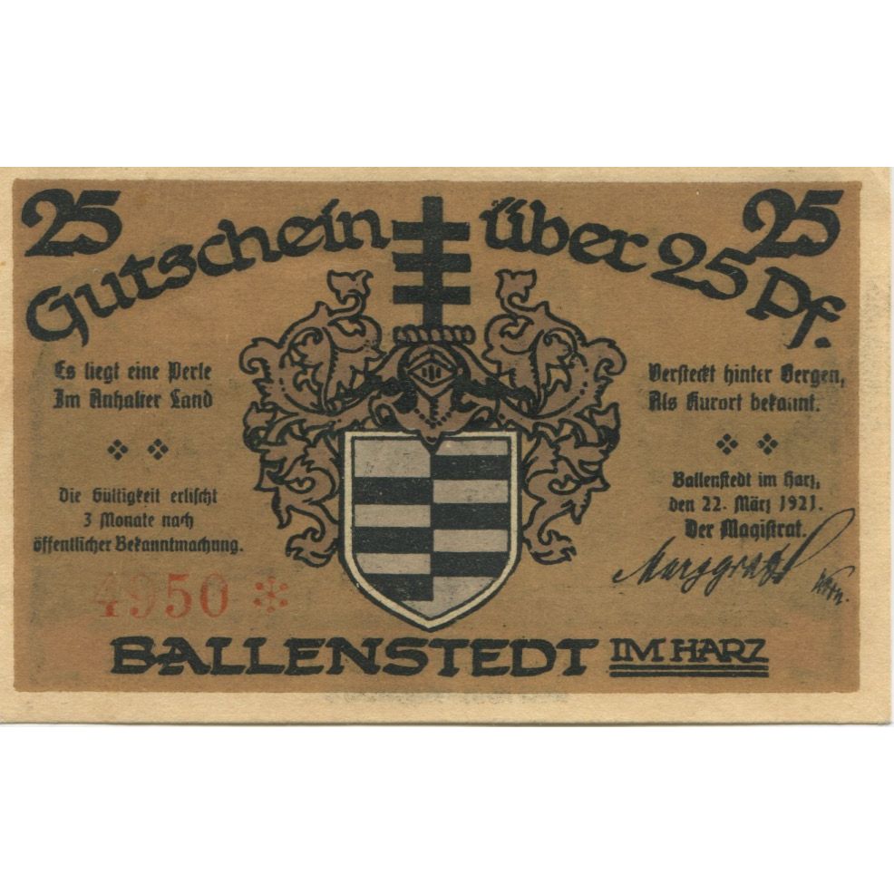 Banknot, Niemcy, Ballenstedt am Harz Stadt, 25 Pfennig, statue, 1921