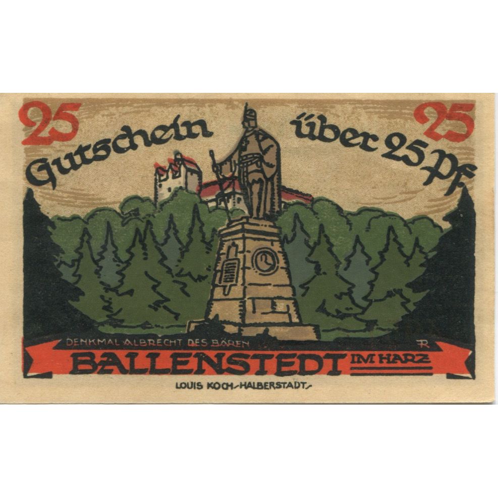 Banknot, Niemcy, Ballenstedt am Harz Stadt, 25 Pfennig, statue, 1921