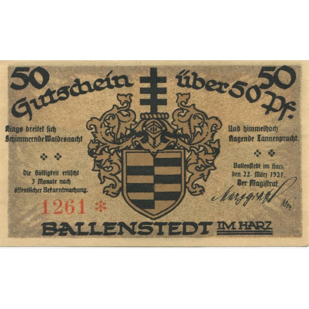 Banknote, Germany, Ballenstedt am Harz Stadt, 50 Pfennig, Batiment, 1921
