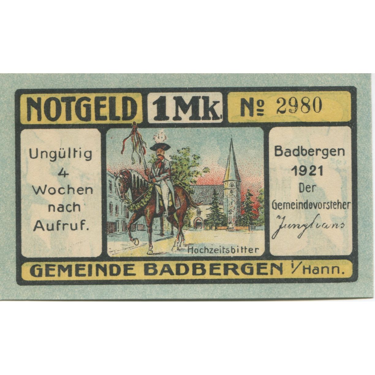 Banknote, Germany, Badbergen, 1 Mark, personnage, 1921, AU(55-58), Mehl:58.1