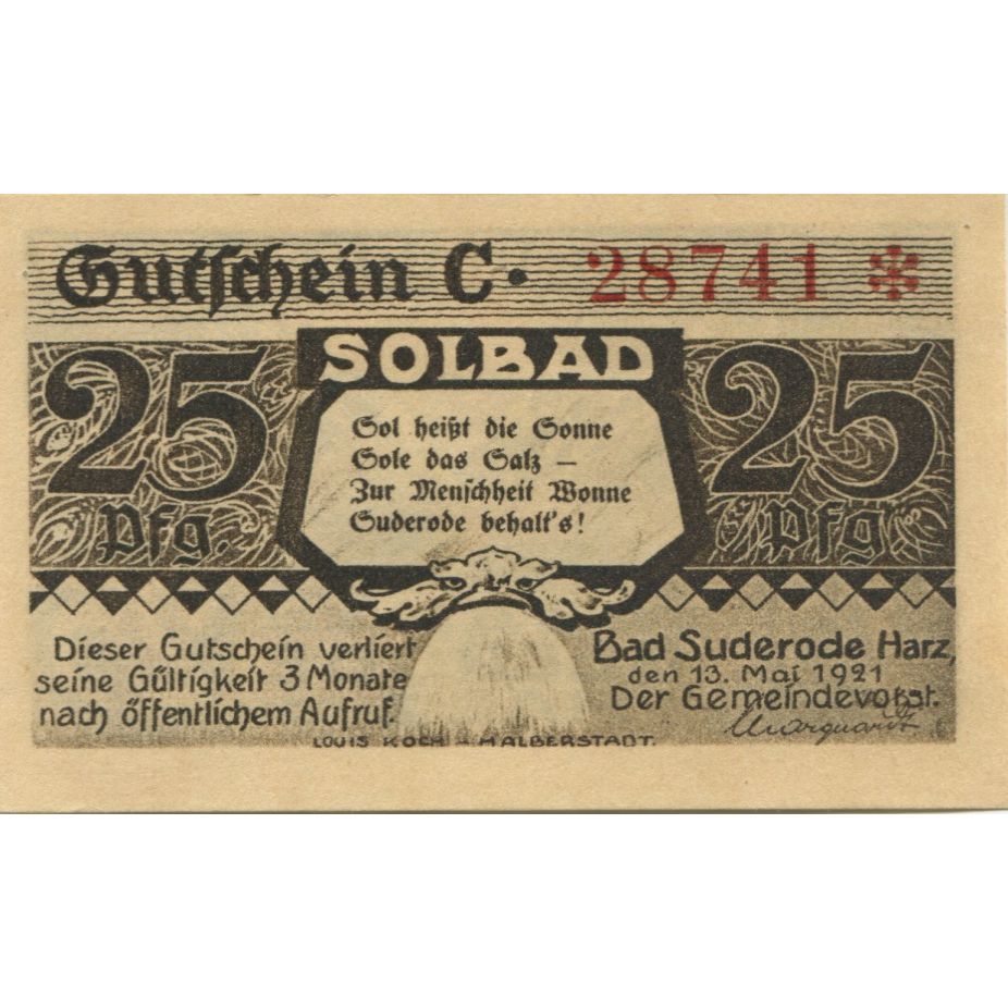 Banknote, Germany, Suderode im Harz Gemeinde, 25 Pfennig, paysage, 1921
