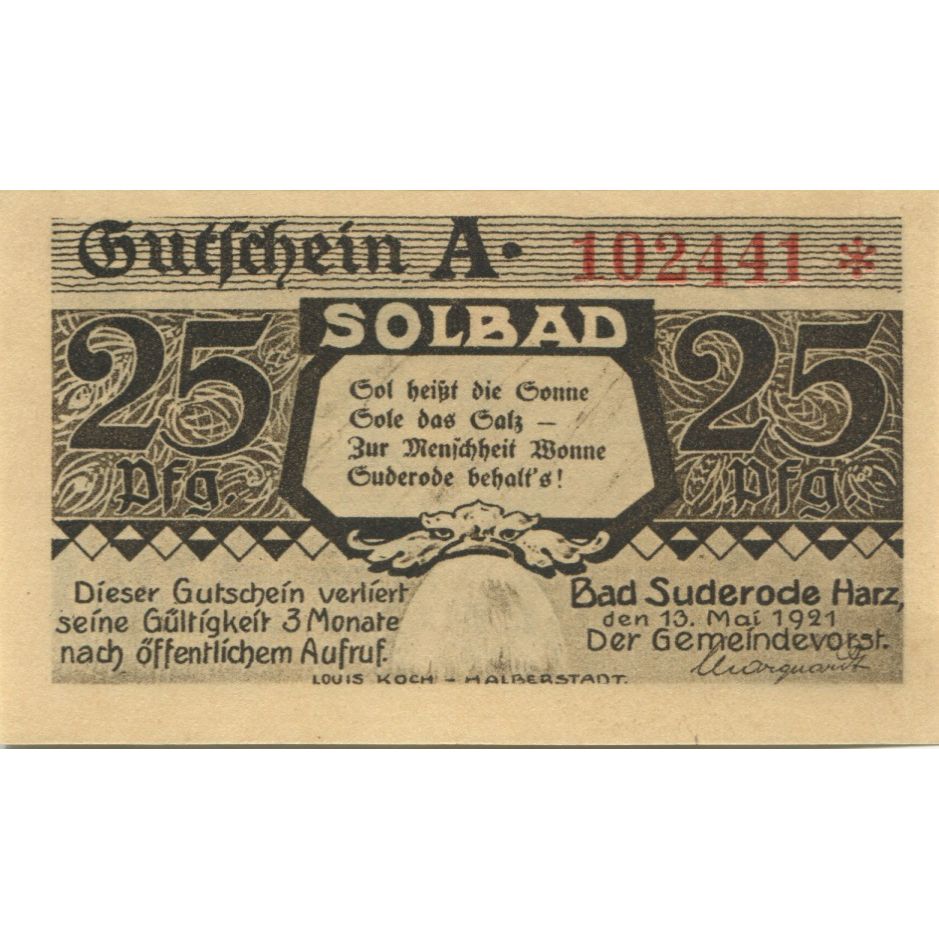 Banknote, Germany, Suderode im Harz Gemeinde, 25 Pfennig, paysage 2, 1921
