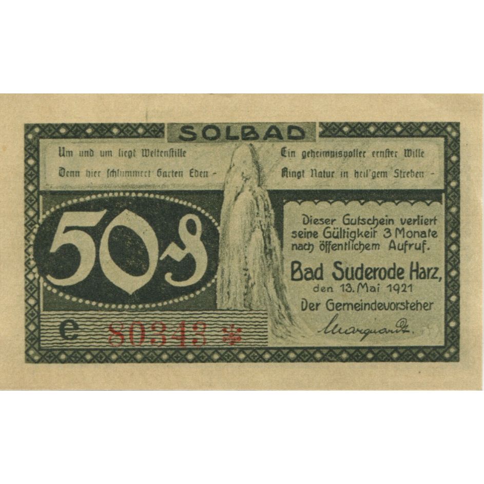Banknote, Germany, Suderode im Harz Gemeinde, 50 Pfennig, paysage, 1921