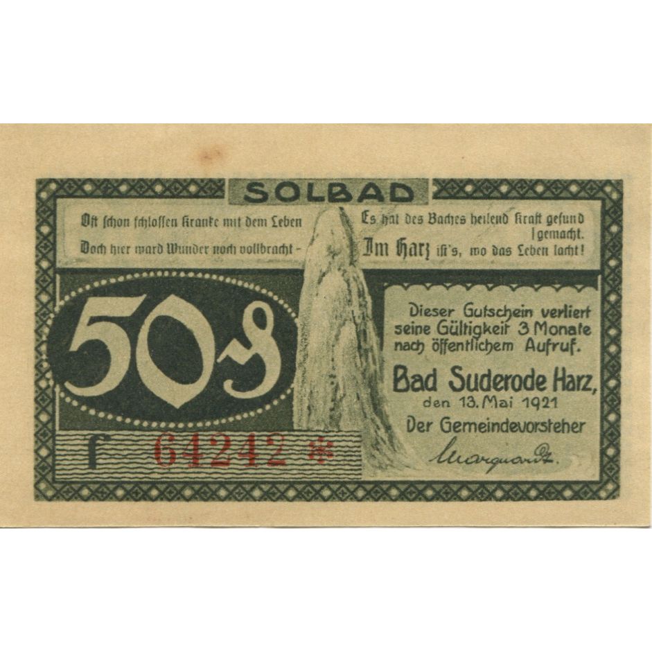 Banknote, Germany, Suderode im Harz Gemeinde, 50 Pfennig, paysage 1, 1921