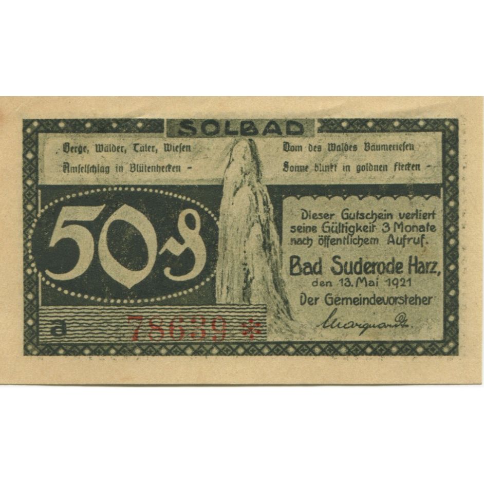 Banknote, Germany, Suderode im Harz Gemeinde, 50 Pfennig, paysage 2, 1921