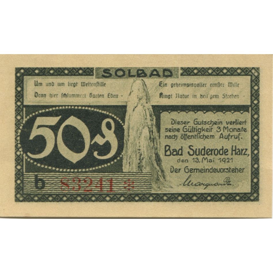 Banknote, Germany, Suderode im Harz Gemeinde, 50 Pfennig, paysage 5, 1921
