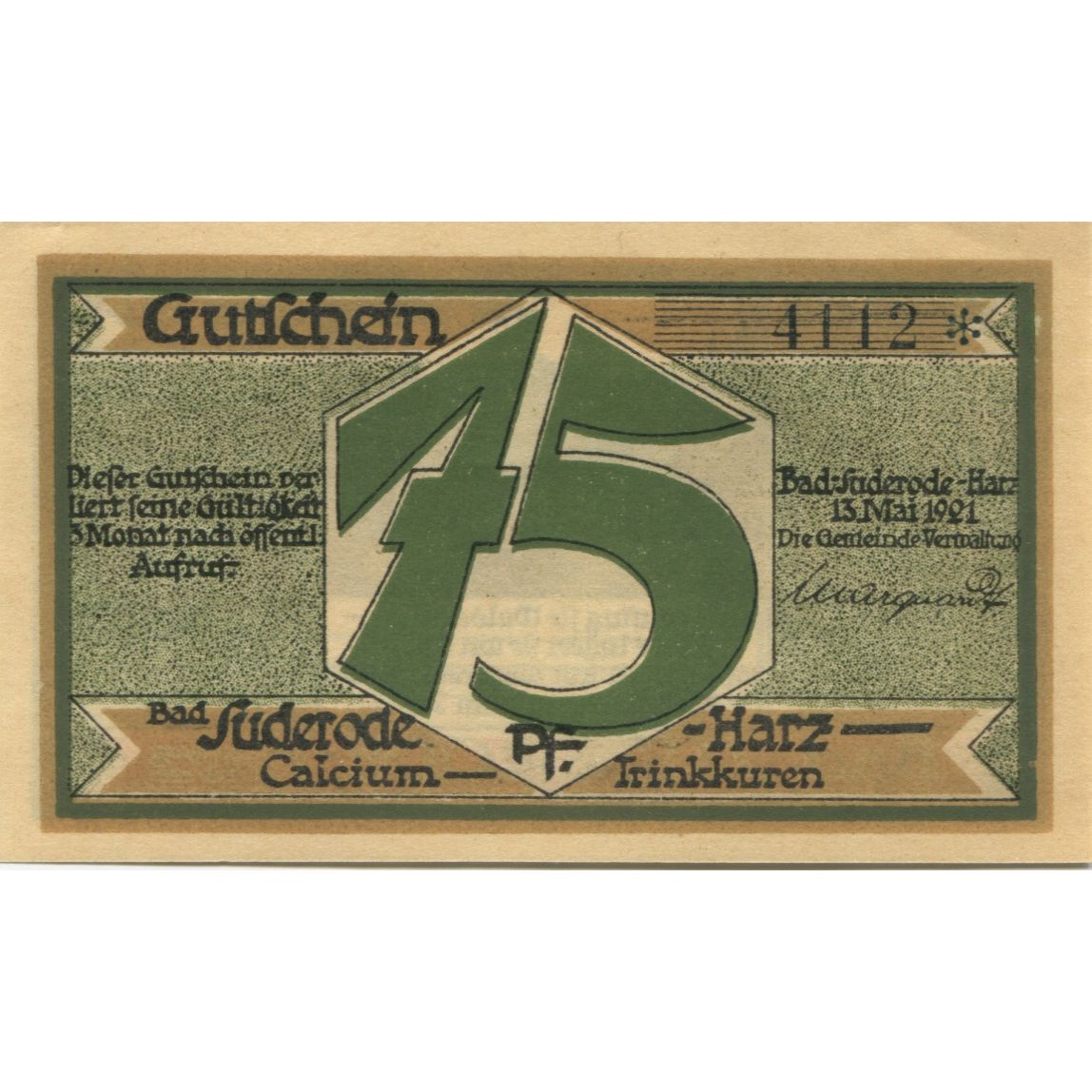 Banknote, Germany, Suderode im Harz Gemeinde, 75 Pfennig, personnage 5, 1921