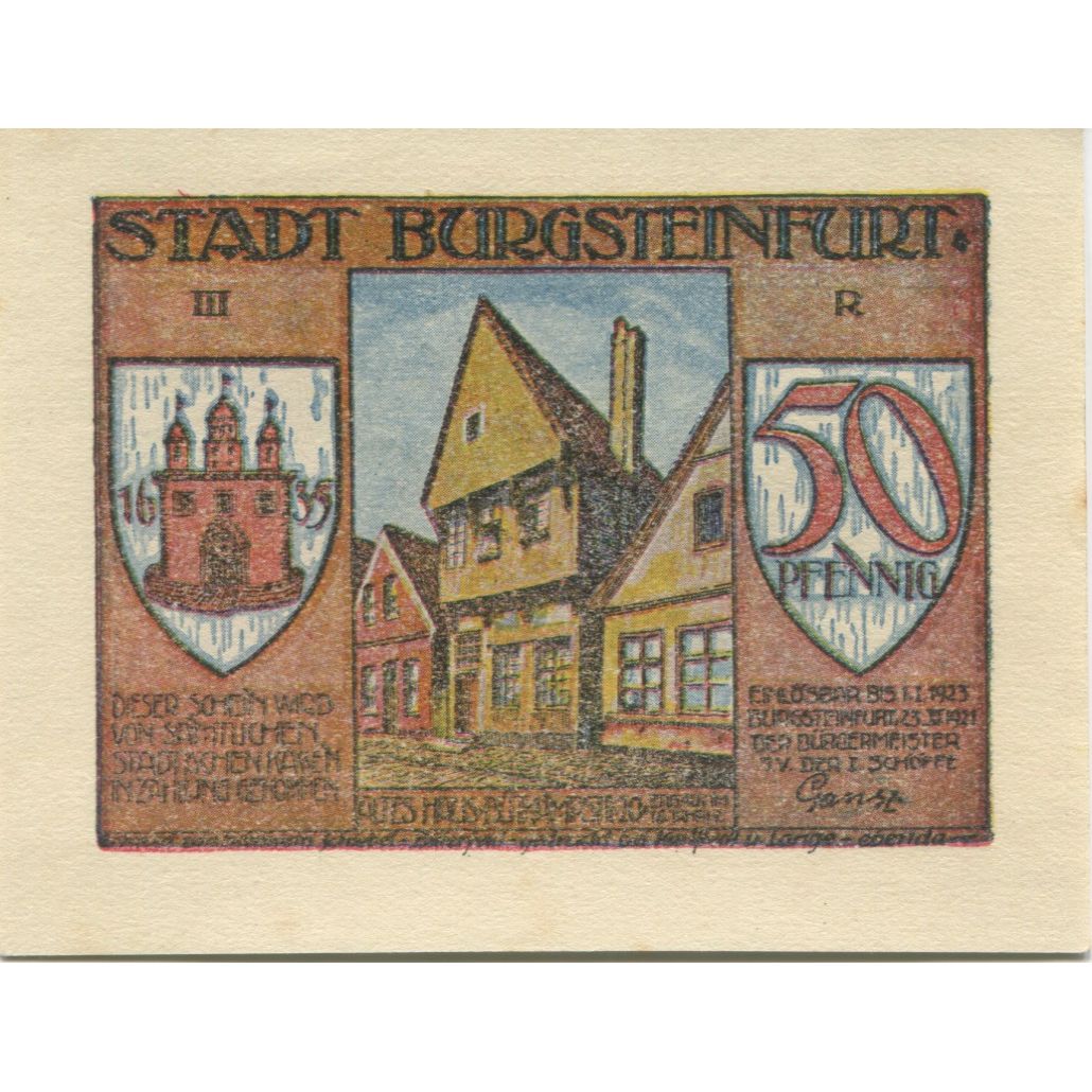 Billet, Allemagne, Burgsteinfurt Stadt, 50 Pfennig, paysage, 1923, 1923-01-01