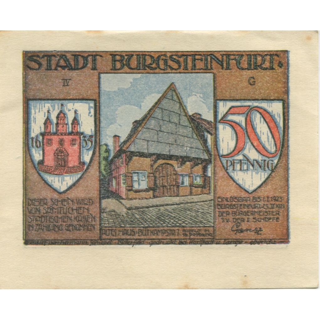 Banknote, Germany, Burgsteinfurt Stadt, 50 Pfennig, personnage, 1923