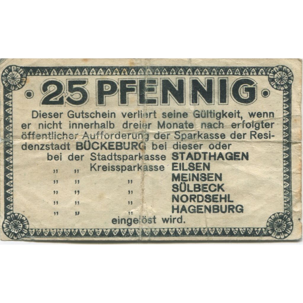 Banknote, Germany, Buckeburg Sparkasse, 25 Pfennig, Texte, 1917, 1917-07-01