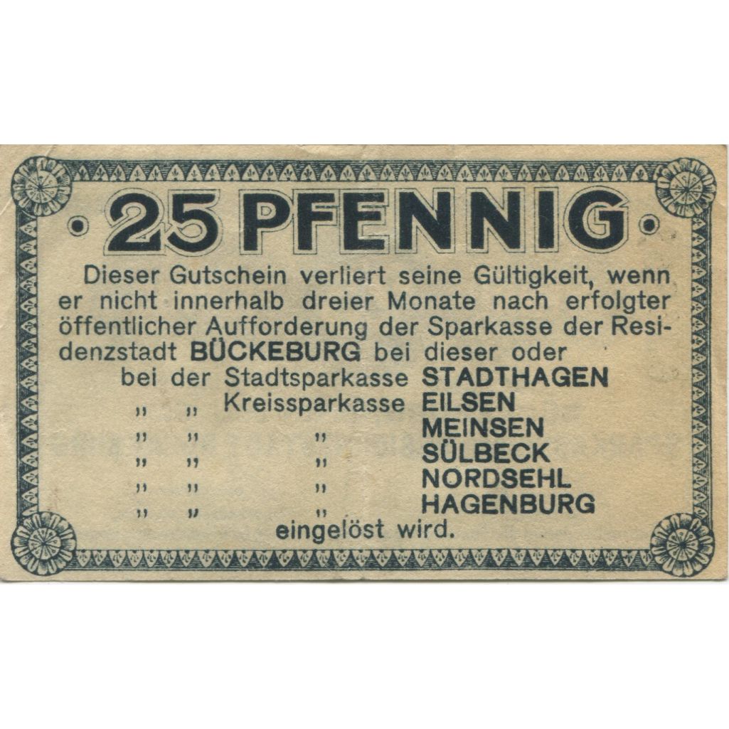 Banknote, Germany, Buckeburg Sparkasse, 25 Pfennig, texte 1, 1917, 1917-07-01