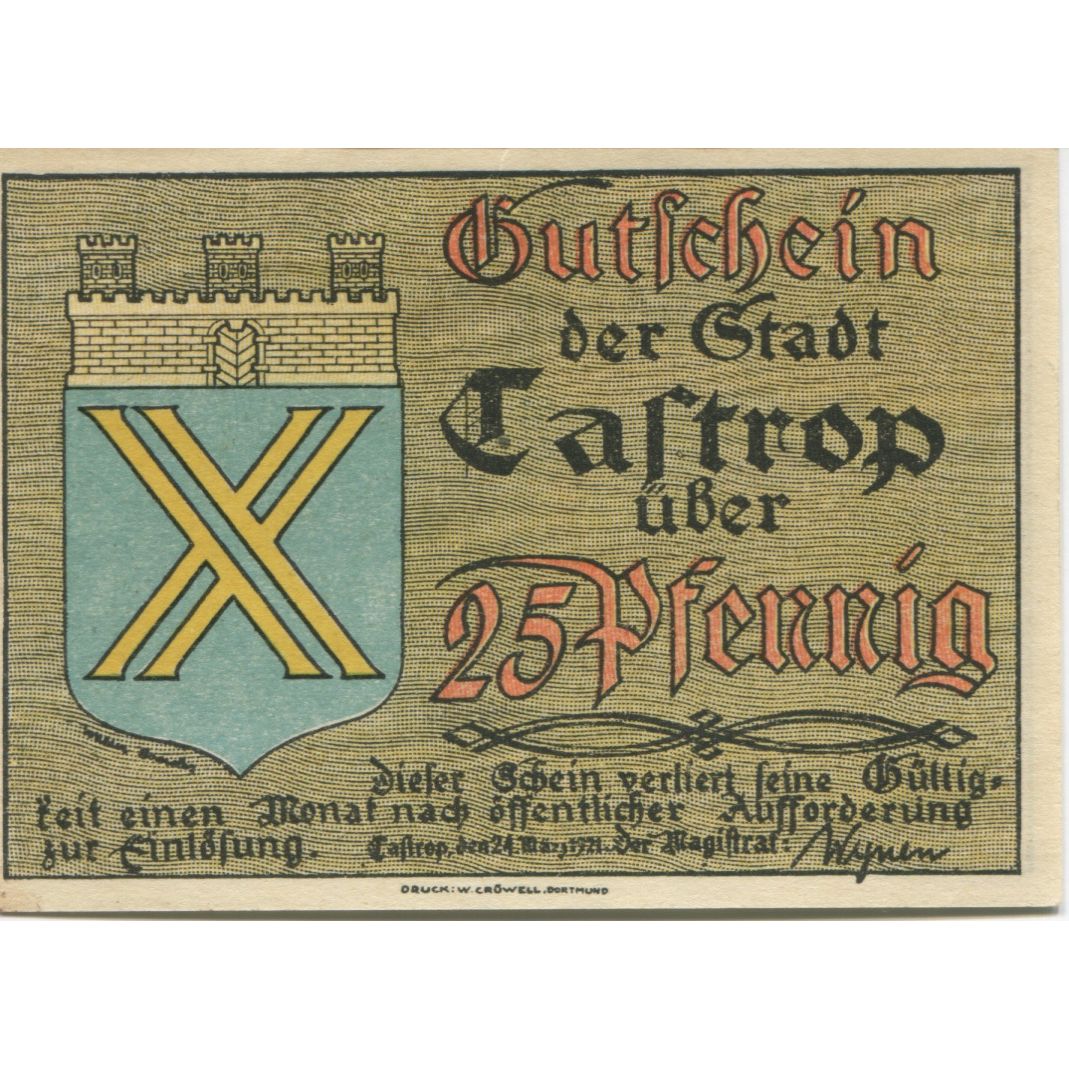 Banknote, Germany, Castrop Stadt, 25 Pfennig, personnage, 1921, 1921-03-24