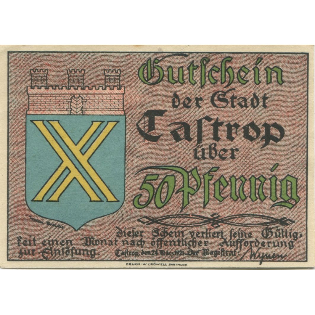 Banknote, Germany, Castrop Stadt, 50 Pfennig, cavalier, 1921, 1921-03-24