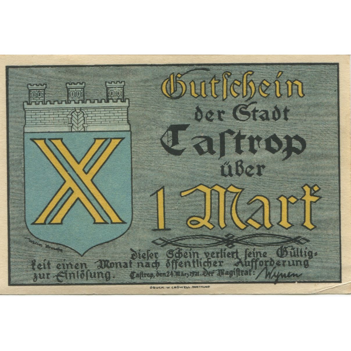 Banknote, Germany, Castrop Stadt, 1 Mark, personnage, 1921, 1921-03-24