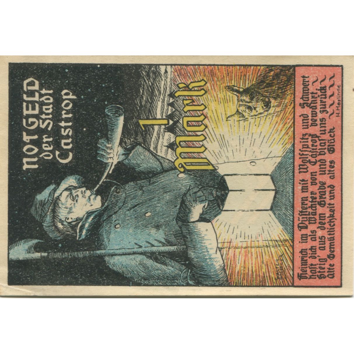 Banknote, Germany, Castrop Stadt, 1 Mark, personnage, 1921, 1921-03-24