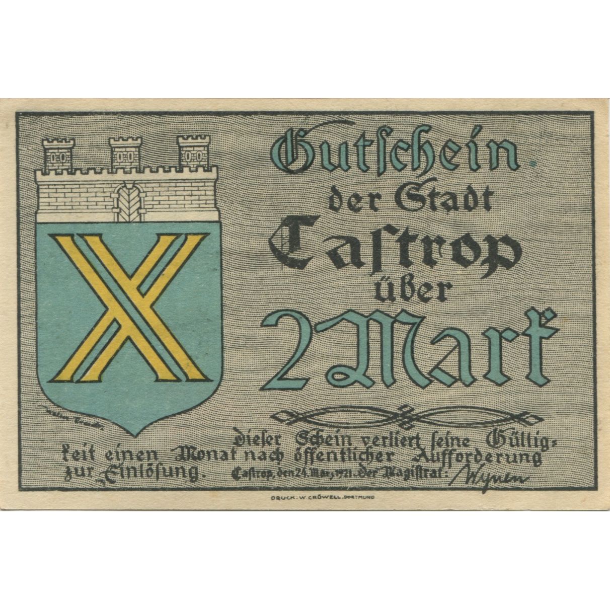 Banknote, Germany, Castrop Stadt, 2 Mark, cavalier, 1921, 1921-03-24, AU(55-58)