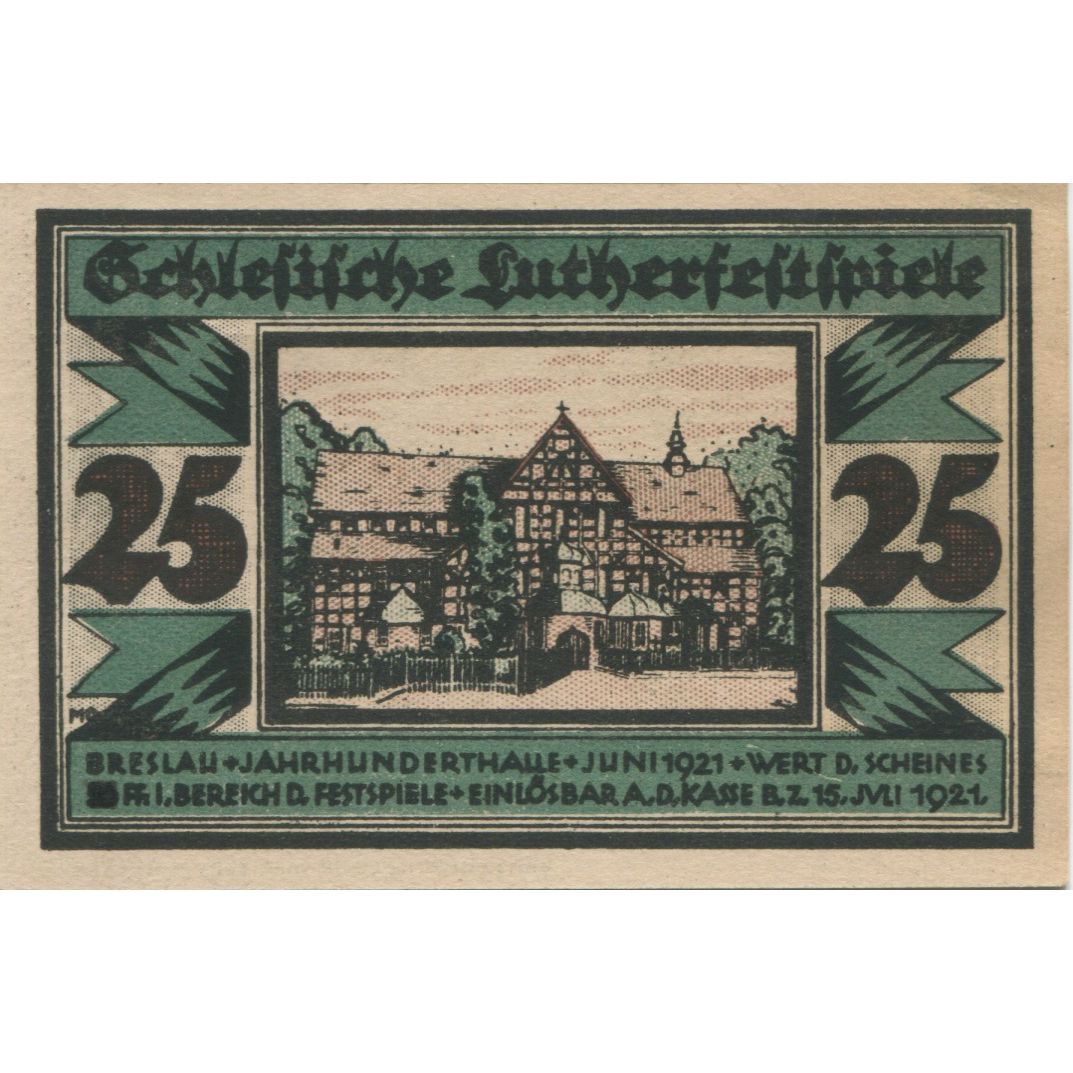 Banknote, Germany, Breslau Evangelisch Kirchlicher Arbeitsausschuß, 25 Pfennig