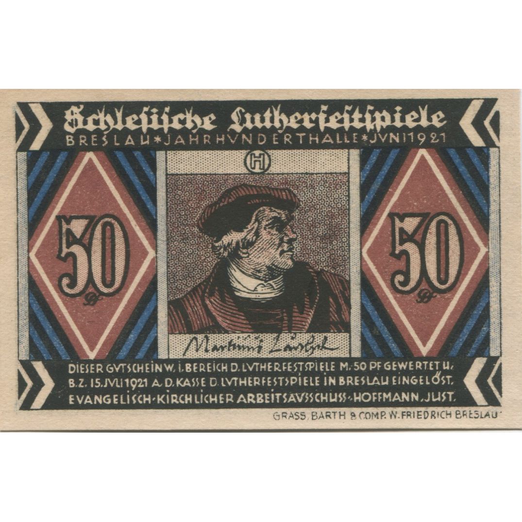 Banknote, Germany, Breslau Evangelisch Kirchlicher Arbeitsausschuß, 50 Pfennig