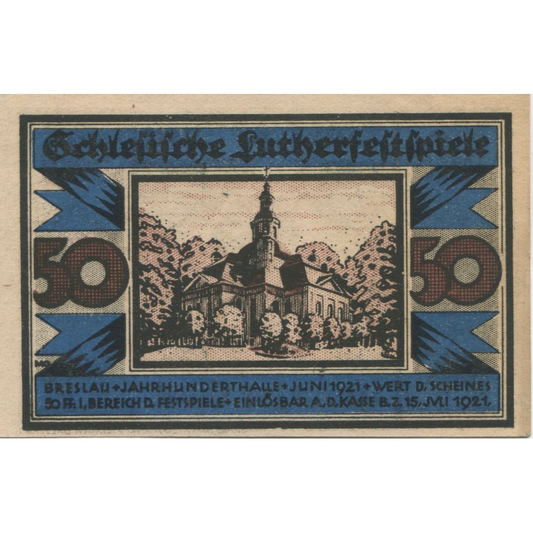 Banknote, Germany, Breslau Evangelisch Kirchlicher Arbeitsausschuß, 50 Pfennig