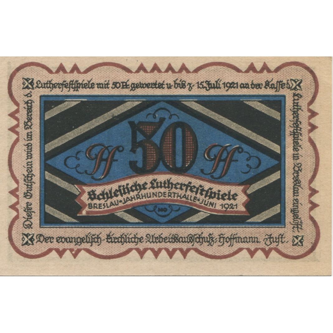Banknote, Germany, Breslau Evangelisch Kirchlicher Arbeitsausschuß, 50 Pfennig