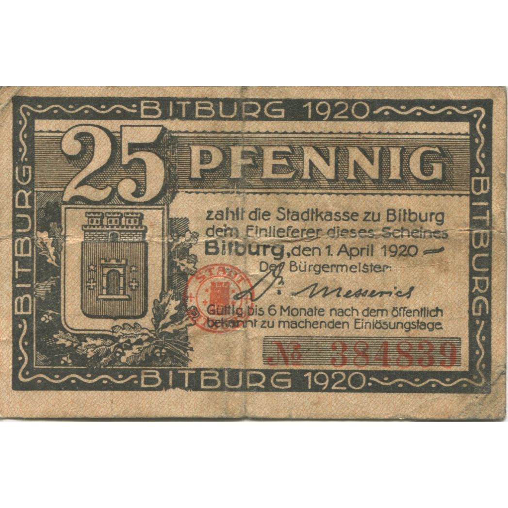 Banknote, Germany, Bitburg Stadt, 25 Pfennig, Batiment, 1920, 1920-04-01
