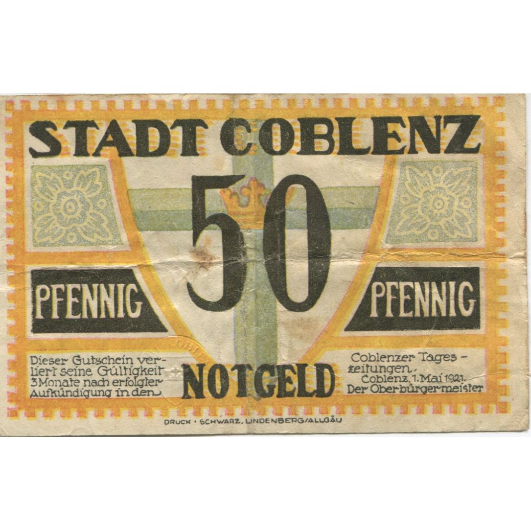 Banknote, Germany, Coblenz Stadt, 50 Pfennig, Batiment, 1921, 1921-05-01