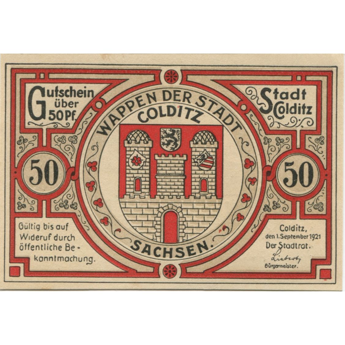 Banknote, Germany, Colditz Stadt, 50 Pfennig, Batiment, 1921, 1921-09-01