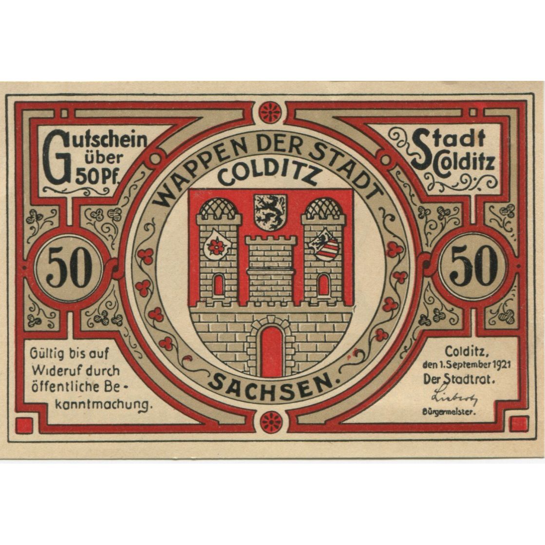 Banknote, Germany, Colditz Stadt, 50 Pfennig, personnage, 1921, 1921-09-01
