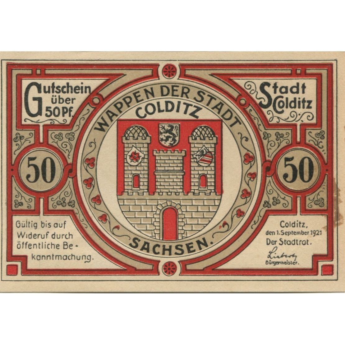 Banconote, Germania, Colditz Stadt, 50 Pfennig, personnage 1, 1921, 1921-09-01