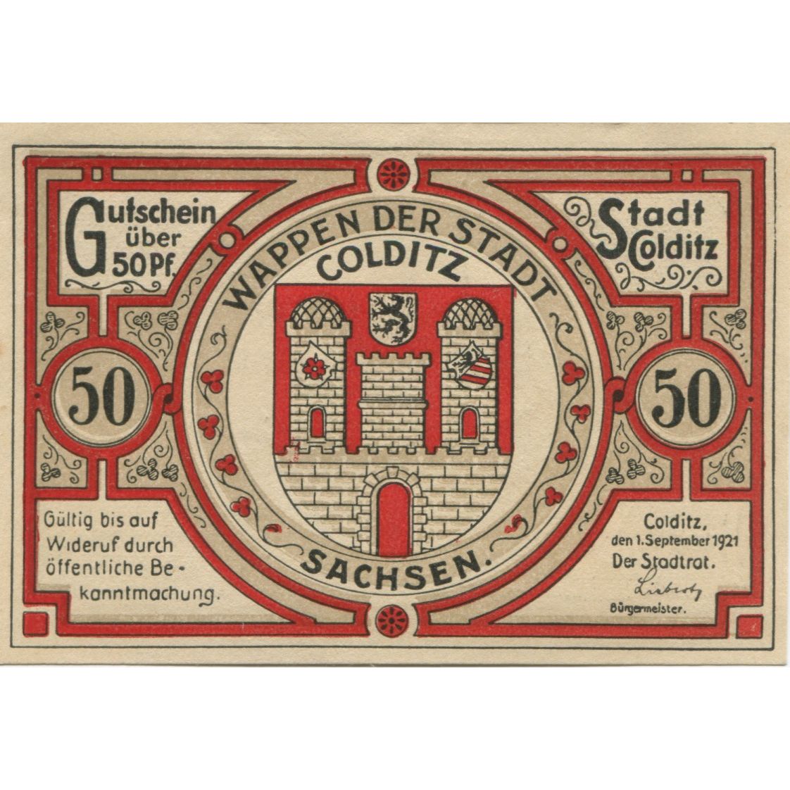 Banknote, Germany, Colditz Stadt, 50 Pfennig, paysage, 1921, 1921-09-01
