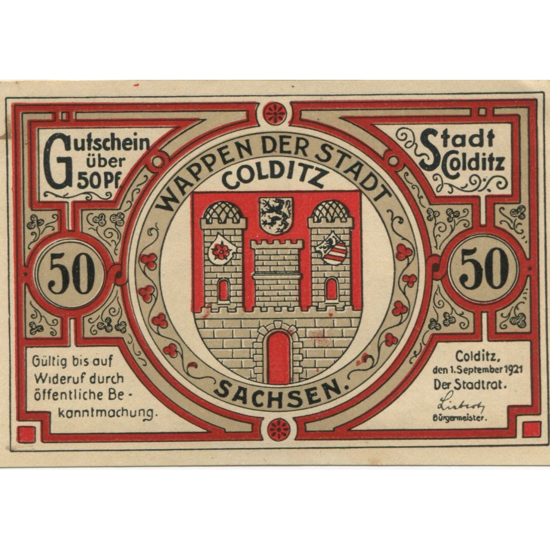 Billet, Allemagne, Colditz Stadt, 50 Pfennig, tour, 1921, 1921-09-01, SUP