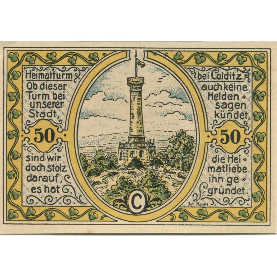 Billet, Allemagne, Colditz Stadt, 50 Pfennig, tour, 1921, 1921-09-01, SUP