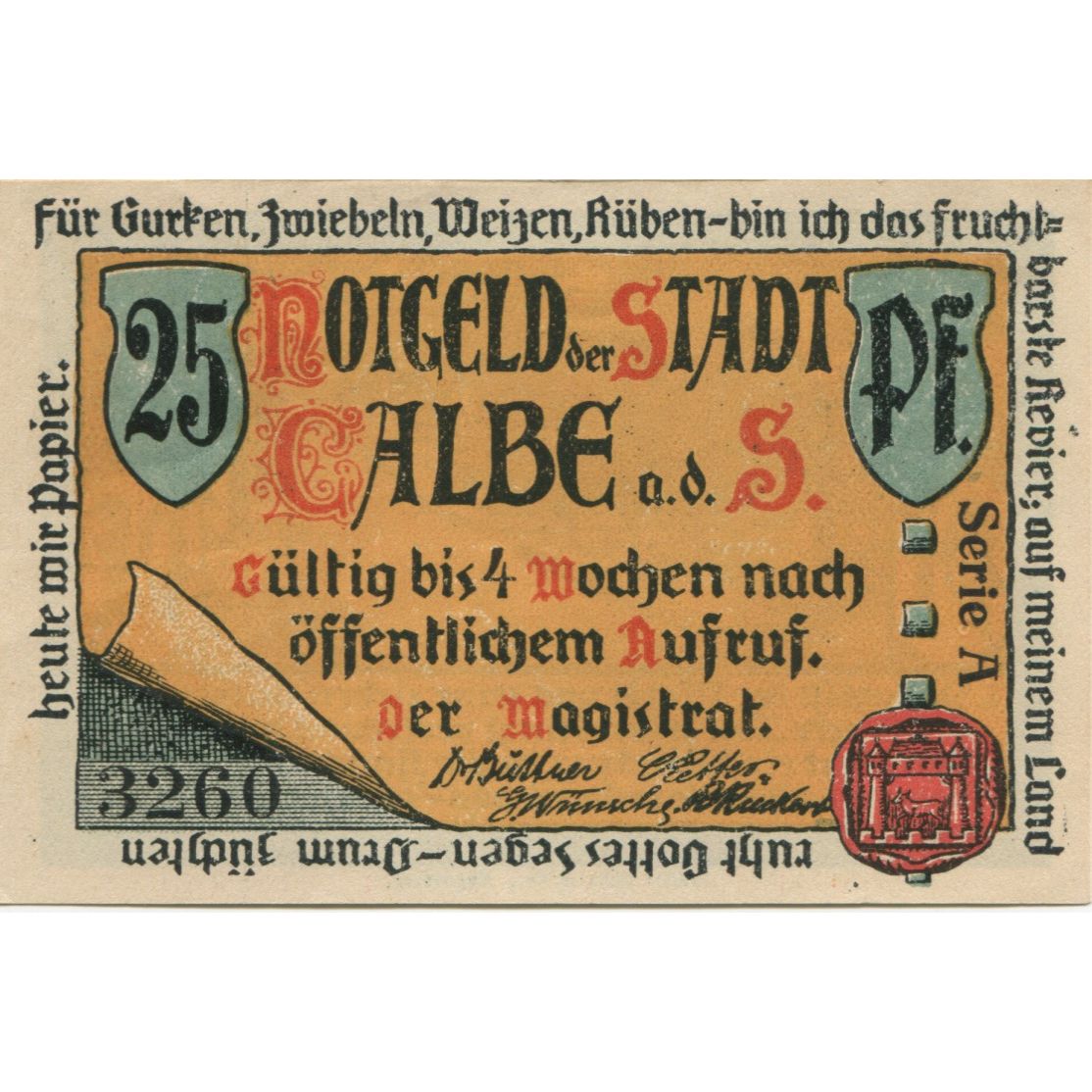 Banknote, Germany, Calbe a.d. Saale Stadt, 25 Pfennig, rue, undated (1921)