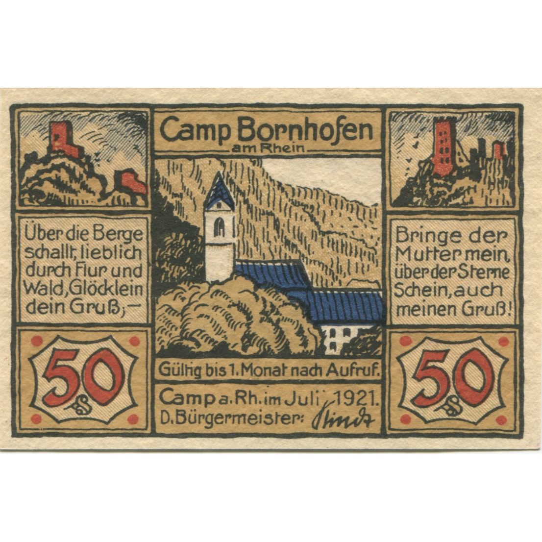 Banknote, Germany, Camp Bornhofen Gemeinde, 50 Pfennig, personnage, 1921