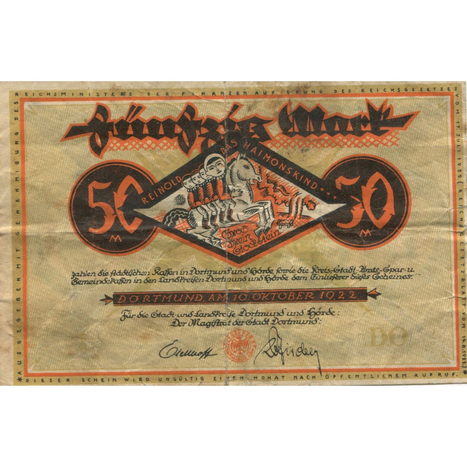 Billet, Allemagne, Dortmund und Hörde Stadt und Landkreise, 50 Pfennig