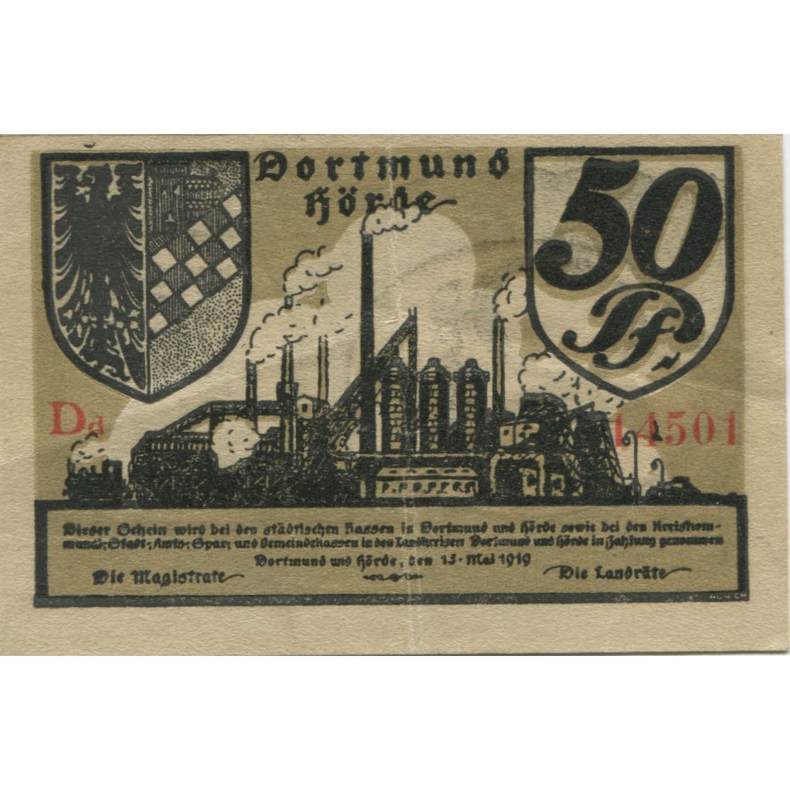 Nota, Alemanha, Dortmund und Hörde Stadt und Landkreise, 50 Pfennig, valeur