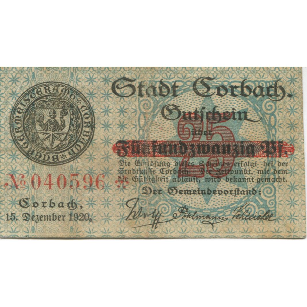 Banknote, Germany, Corbach Stadt, 25 Pfennig, village, 1920, 1920-12-15