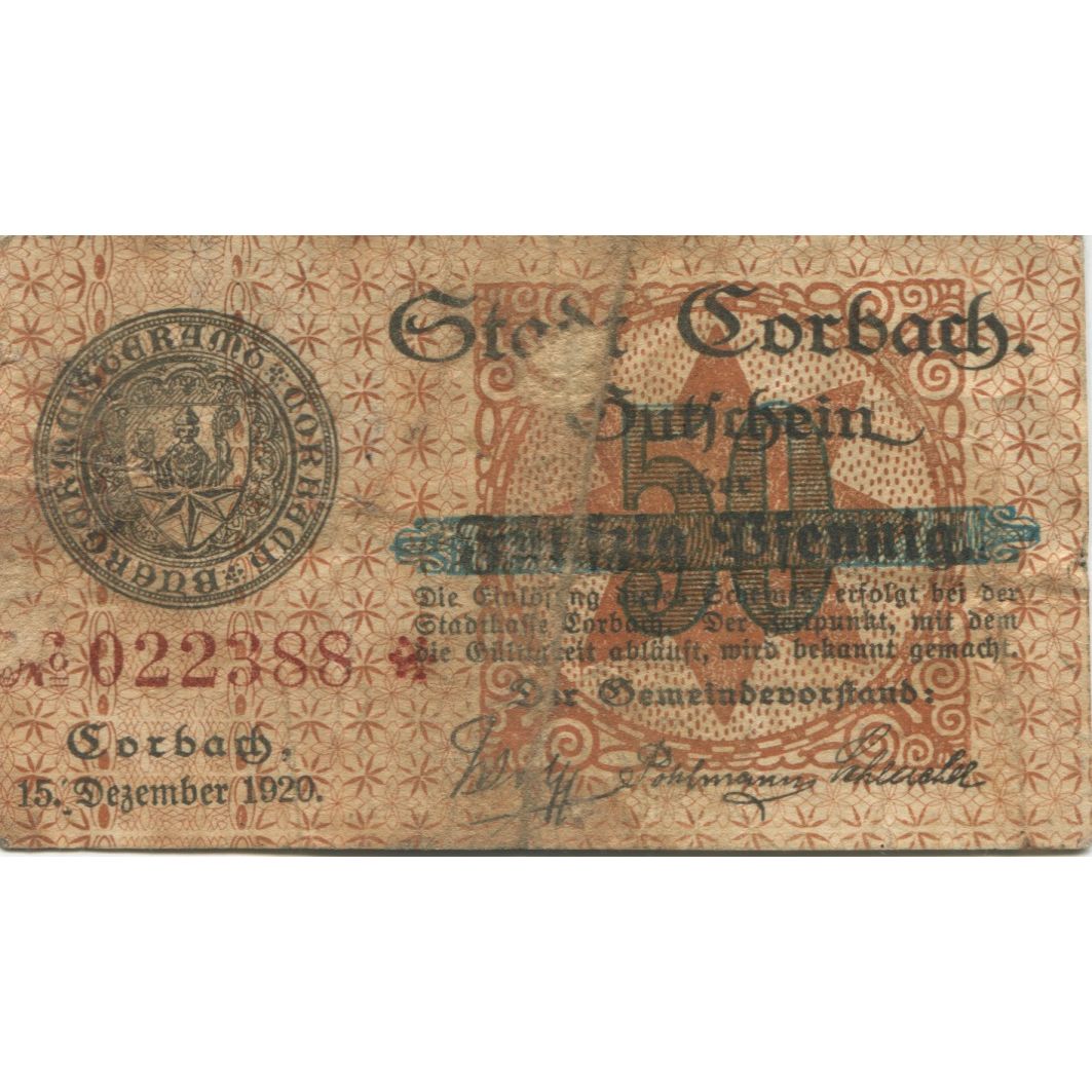 Billet, Allemagne, Corbach Stadt, 50 Pfennig, village, 1920, 1920-12-15, TB+