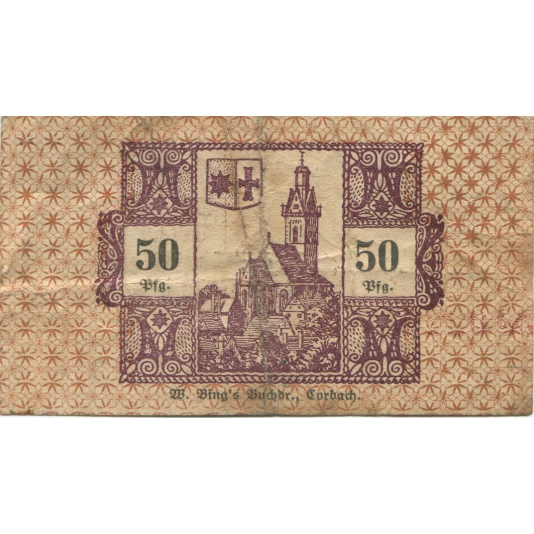 Billet, Allemagne, Corbach Stadt, 50 Pfennig, village, 1920, 1920-12-15, TB+