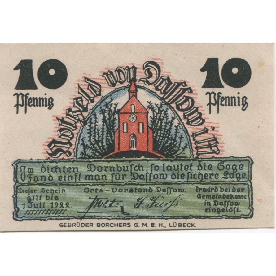 Banknote, Germany, Dassow Gemeinde, 10 Pfennig, Eglise, 1922, 1922-07-01
