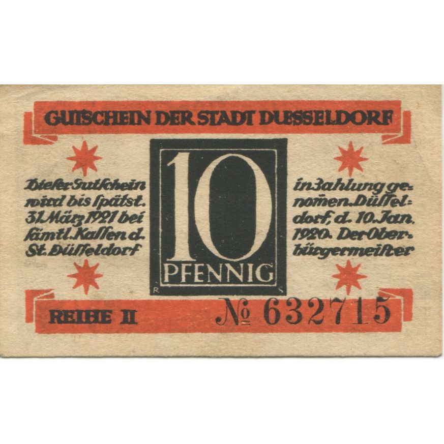 Banknote, Germany, Düsseldorf Stadt, 10 Pfennig, valeur faciale, 1921