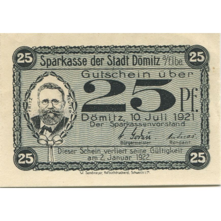 Banknote, Germany, Domitz Stadt, 25 Pfennig, Monument, 1922, 1922-01-02