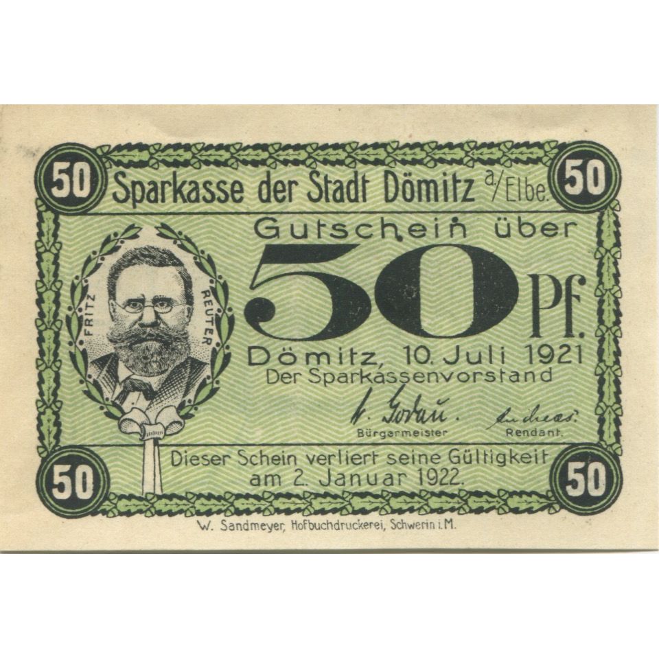 Banknote, Germany, Domitz Stadt, 50 Pfennig, Monument, 1922, 1922-01-02