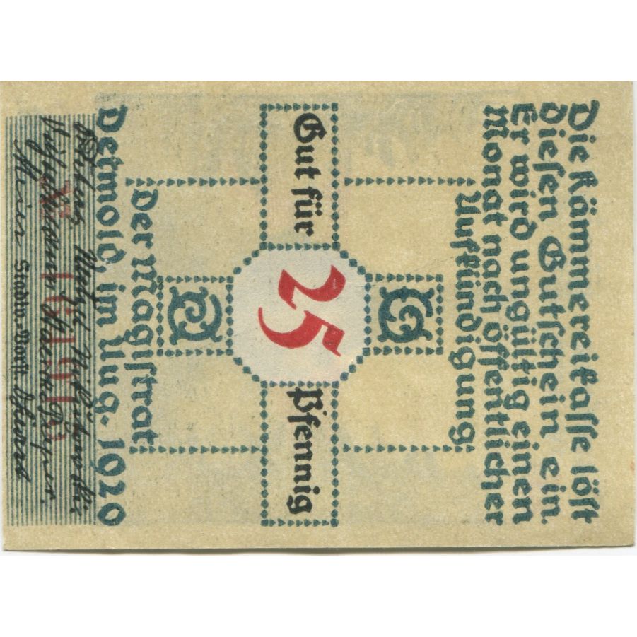 Banknote, Germany, Detmold Stadt, 25 Pfennig, statue, 1920, AU(55-58)